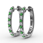 Diamond & Emerald Hoop Earrings in 14K White Gold