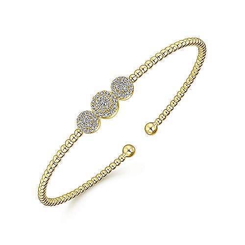 Bead Cuff Bracelet with Three Pavé Diamond Stations in 14K Yellow Gold