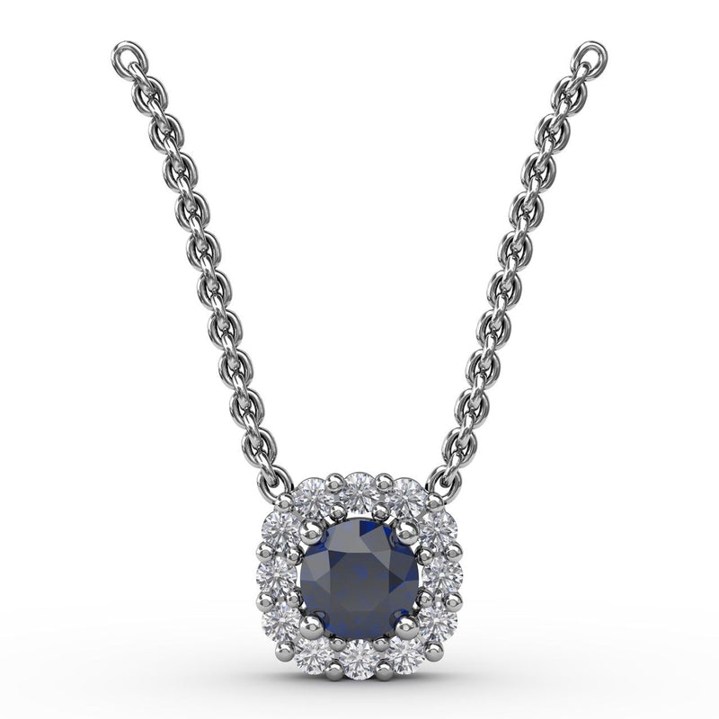 Diamond and Sapphire Halo Necklace in 14K White Gold