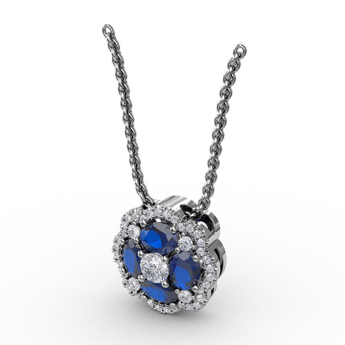 Sapphire & Diamond Cluster Necklace in 14K White Gold