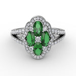 Diamond & Emerald Cocktail Ring in 14K White Gold