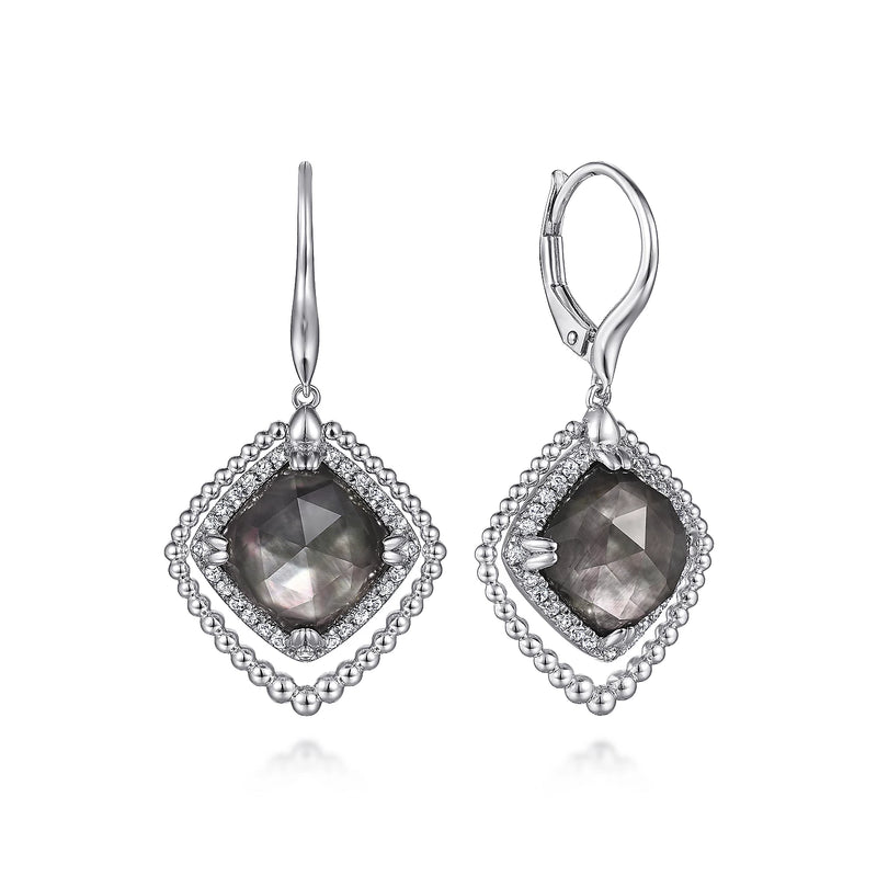 White Sapphire, Rock Crystal and Black Mother of Pearl Drop Earrings in Sterling Silver