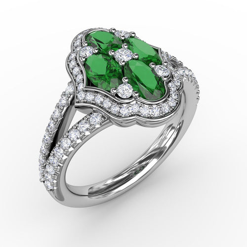 Diamond & Emerald Cocktail Ring in 14K White Gold